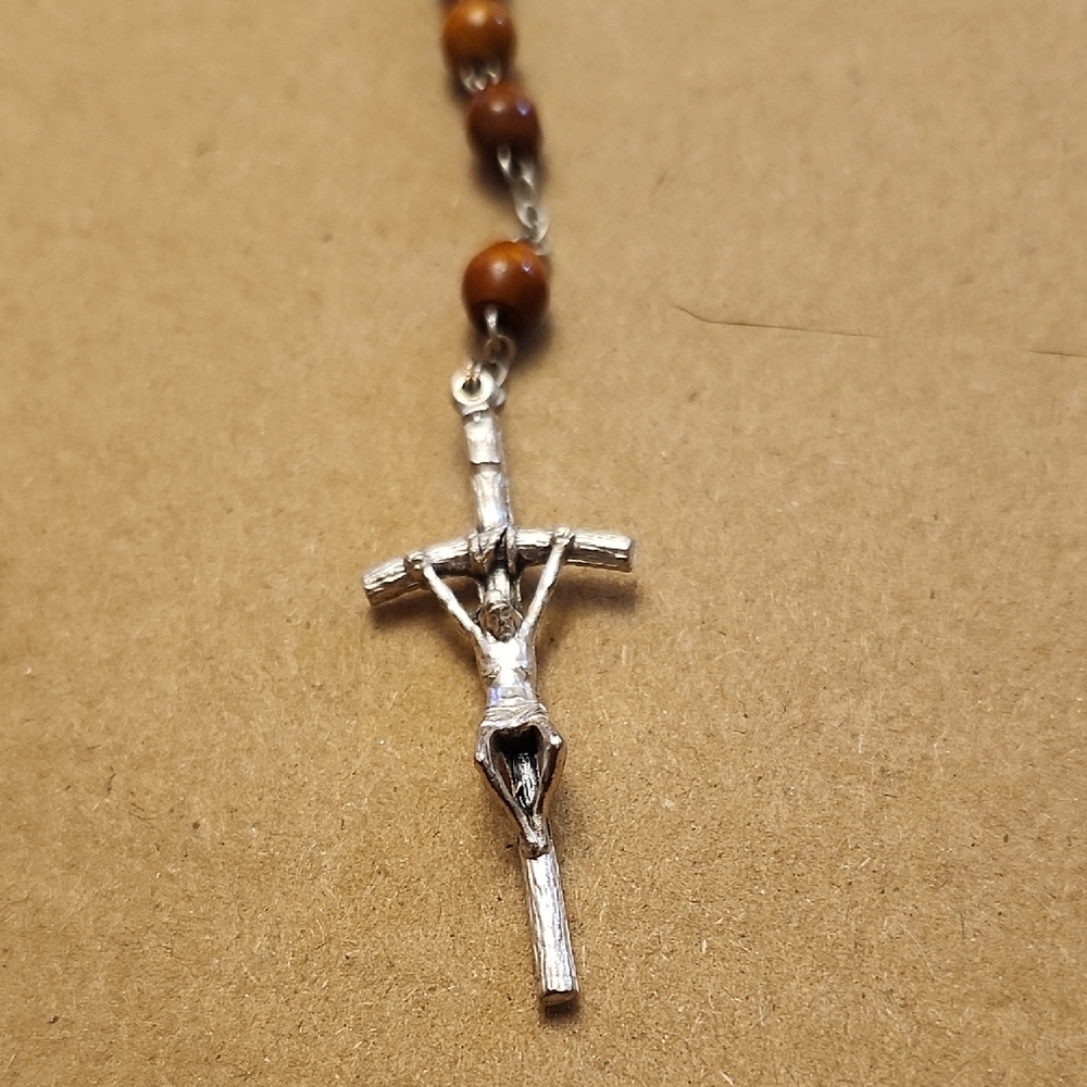Wood Bead Rosary Necklace with Silver Crucifix - Picture 2 of 9